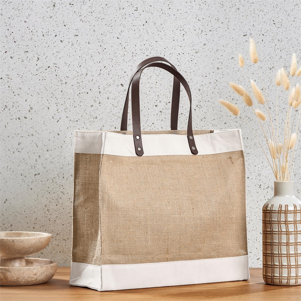 Okiyo Reza Jute & Cotton Tote with Leather Handles - Image 4