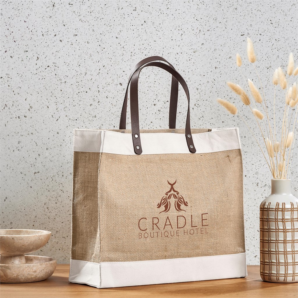 Okiyo Reza Jute & Cotton Tote with Leather Handles - Image 5