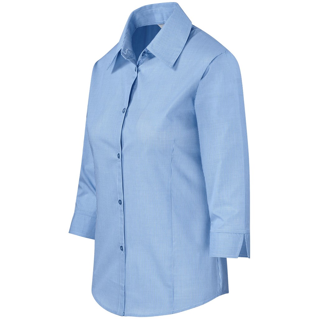 Ladies 3/4 Sleeve Micro Check Shirt – Light Blue